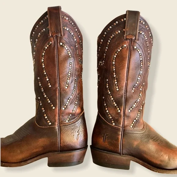 Frye Billy Stud Pull On Distressed Cowboy Boots - Picture 11 of 15